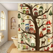 Christmas Tree Shower Curtain for New Year Bathroom Owl Santa Hat Elk Merry Christmas Theme Bath Curtain with Hooks Waterproof Fabric Polyester New Year Shower Curtain, 72x72 Inch