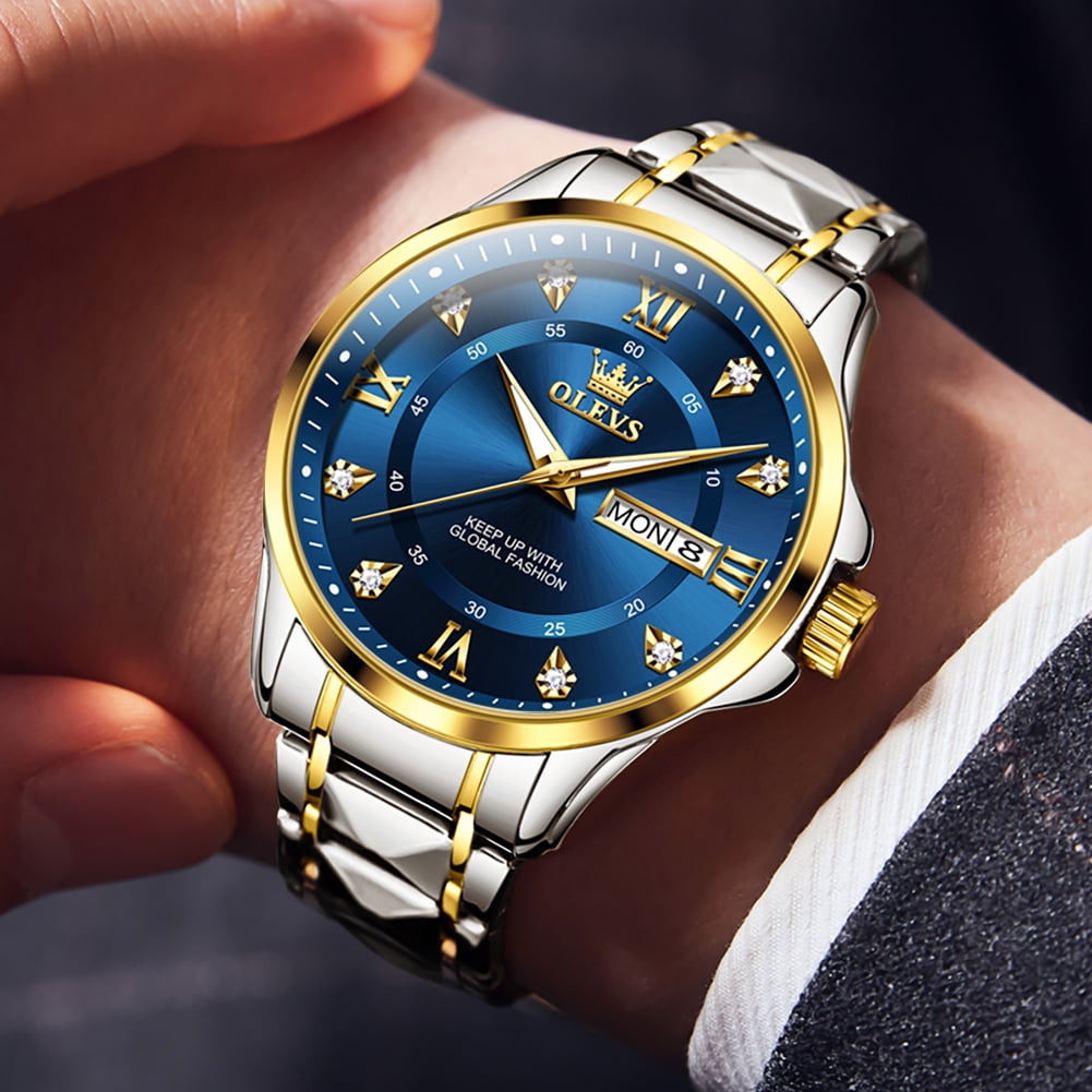 OLEVS Watches for Men Business Dress Diamond Analog Quartz Date Luxury Classic Casual Stainless Steel Waterproof Luminous Mens Wrist Watches Gifts Reloj para Hombre Blue/Gold/Black Dial