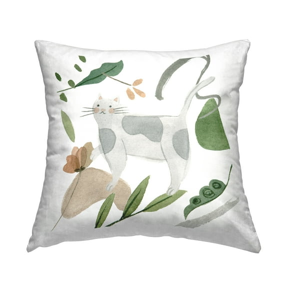 Stupell Industries Gray Cat Mixed Botanical Herb Leaves Design by Melissa Wang Throw Pillow