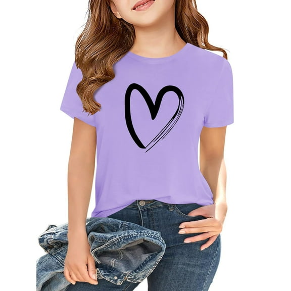 Inglocry Girls Short Sleeve T Shirts Kids Summer Tops Crewneck Basic Graphic Tees Cute Tops For Teens 5-14 Years Light Purple 5-6Y