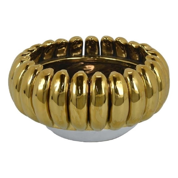 Benjara Milly Decorative Bowl- Raised Petal Rim- Gold Metallic Ceramic 13 Inch