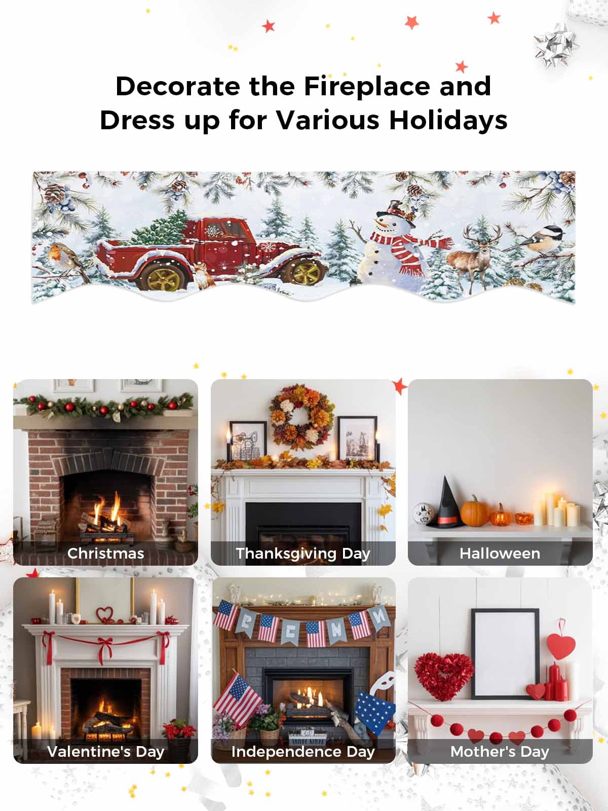 Christmas Fireplace Mantle Scarf Xmas Snowman Truck Pine Tree Leaf Animals Blue Snow Mantel Cover Runner Fireplace Cloth for Holiday Party Home Living Room Decor 70 x 17 Inch