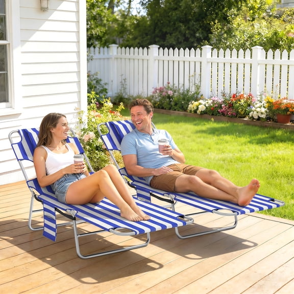 Outsunny Folding Beach Lounge Chair Set of 2 with Face Hole and Arm Slots, 5-level Adjustable Sun Lounger Tanning Chair with Pillow, Blue Stripe