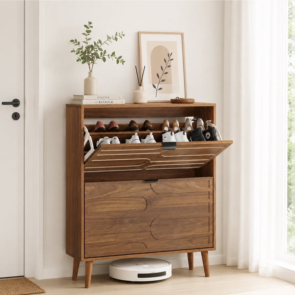 Semiocthome Shoe Cabinet with 2 Flip Drawers, Wood Shoe Storage for Entryway, Walnut