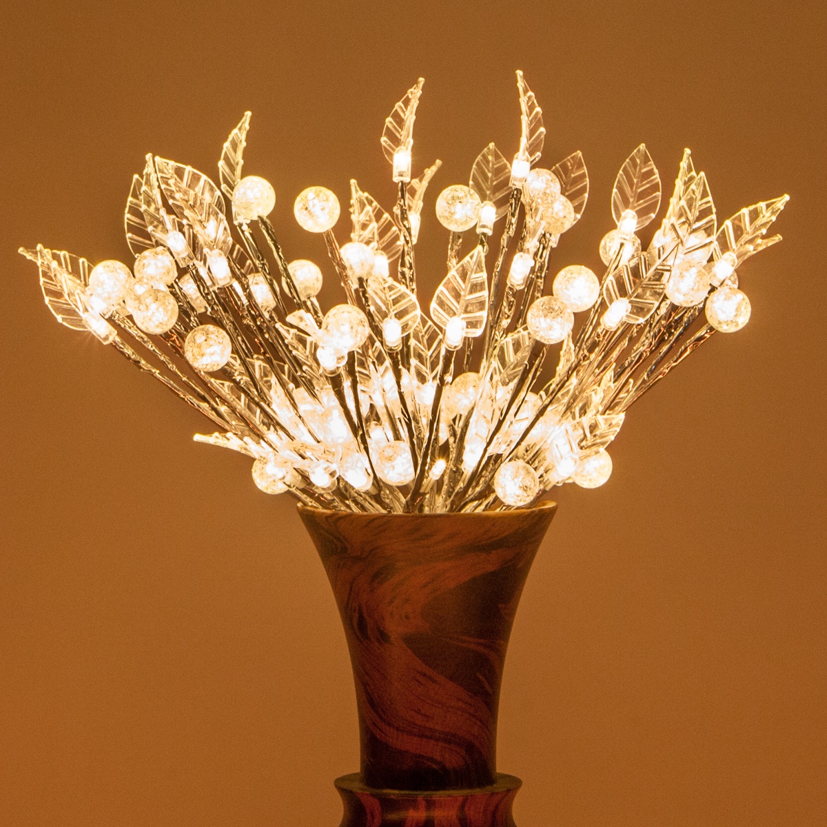 Wintergreen Lighting Starburst Lighted Branches, 15", Silver with Leaves, Mini Globes and 100