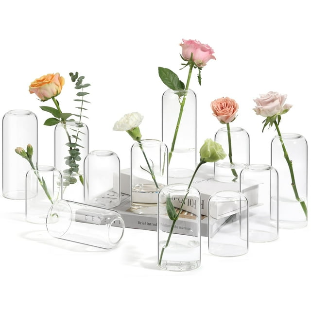 Jarrón de flores ComSaf con forma de cogollos pequeños de vidrio, 12 unidades, transparentes, a granel