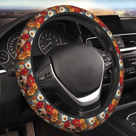 Steering Wheel Cover Anti-Slip Elastic Car Protective Universal 15 Inch Fit for Vehicles Auto SUVs , Sugar Skull Flowers Floral