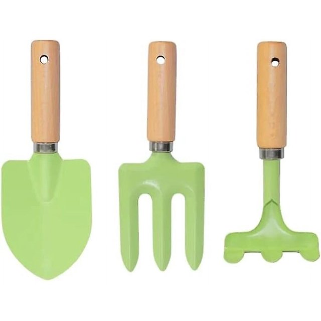 Juego de herramientas de jardinería para niños de metal, juego de jardinería para niños que incluye paleta, tenedor y rastrillo con mango de madera, juego de herramientas para niños de playa (verde)