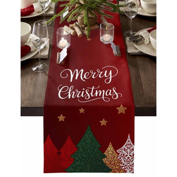 Table Runner Dresser Scarves 90 Inch Long,Merry Christmas Abstract Pine Tree Linen Dining Table Runners