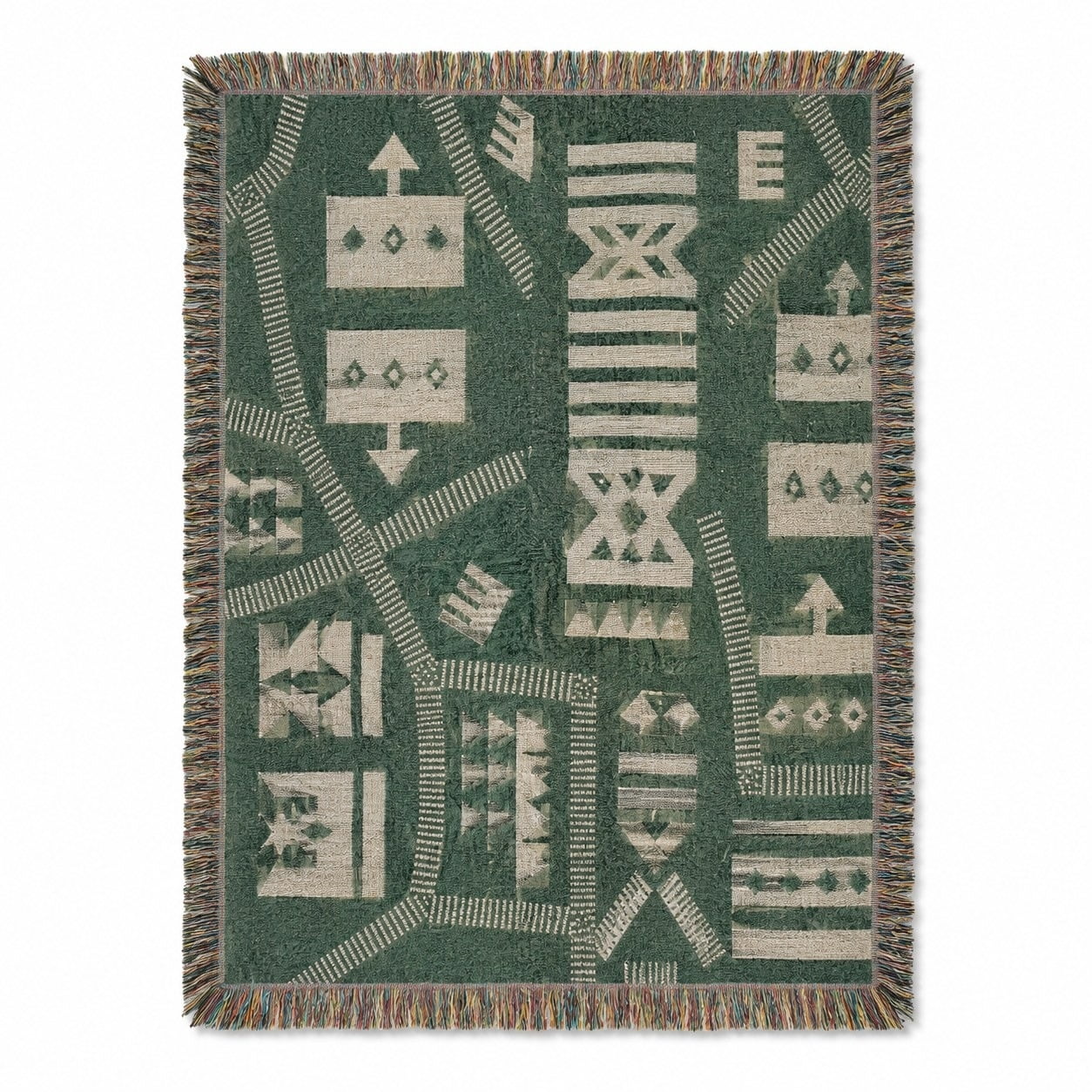 Green and Cream Abstract Geometric Woven Throw Blanket Cotton with Fringed Edges for Sofa and Bed