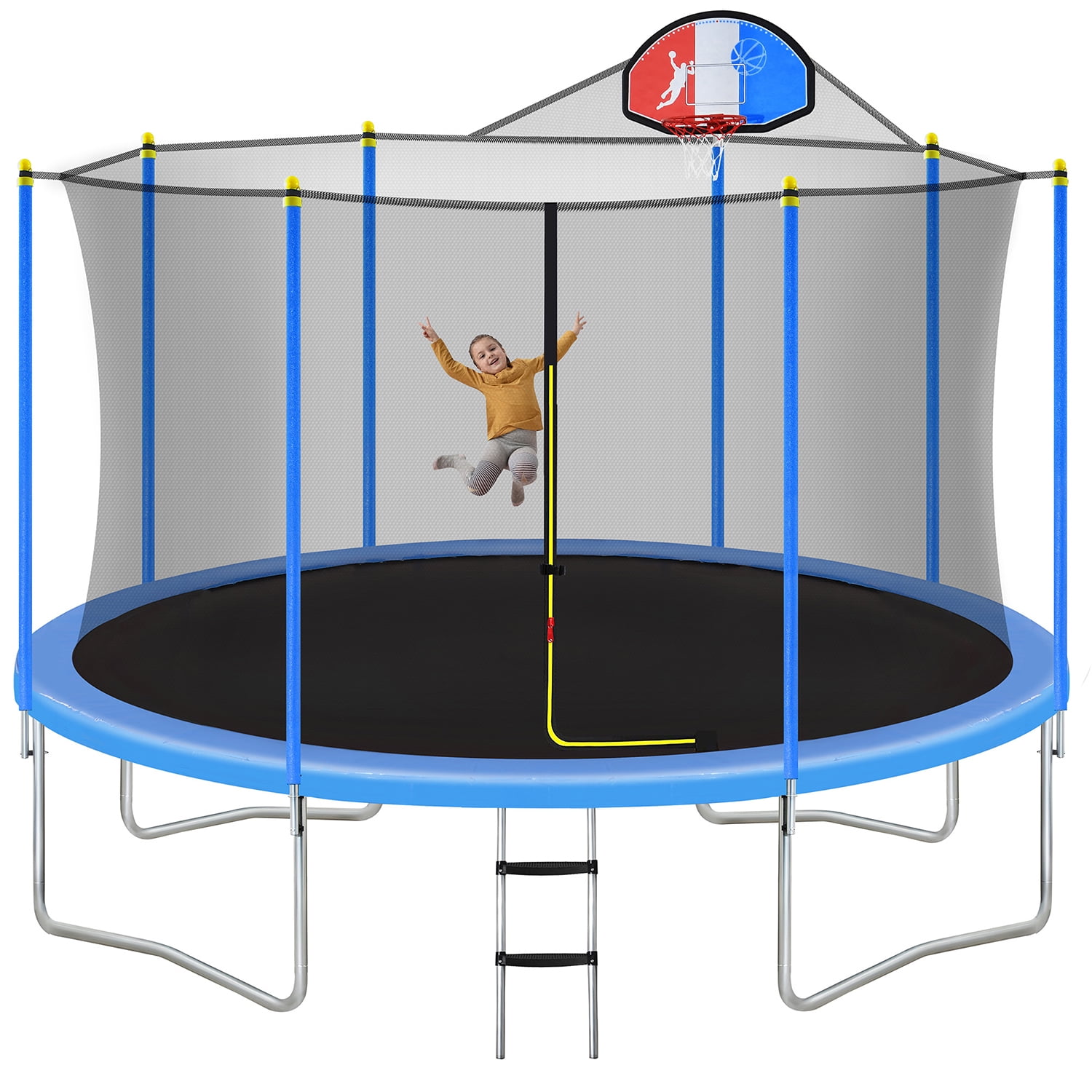 Kadyn 12FT Toddlers Trampoline, Metal Mini Small Trampolines with Safety Enclosure Net, Basketball Hoop and Ladder, Recreational Trampoline for Kids, Blue Kadyn 12FT Toddlers Trampoline, Metal Mini Small Trampolines with Safety Enclosure Net, Basketball Hoop and Ladder, Recreational Trampoline for Kids, Blue