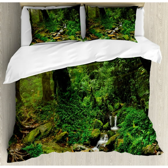 Landscape Duvet Cover Set King Size, Rainforest Trees and Fresh Grass in Nepal Jungle Wildlife Nature Tropical Photo, Decorative 3 Piece Bedding Set with 2 Pillow Shams, Green Brown, by Ambesonne