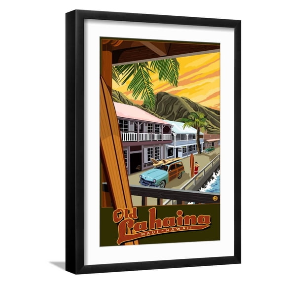 Art.com Old Lahaina Fishing Town with Surfer, Maui, Hawaii Art Print by Lantern Press, Black Frame Wall Art, 17" x 23"