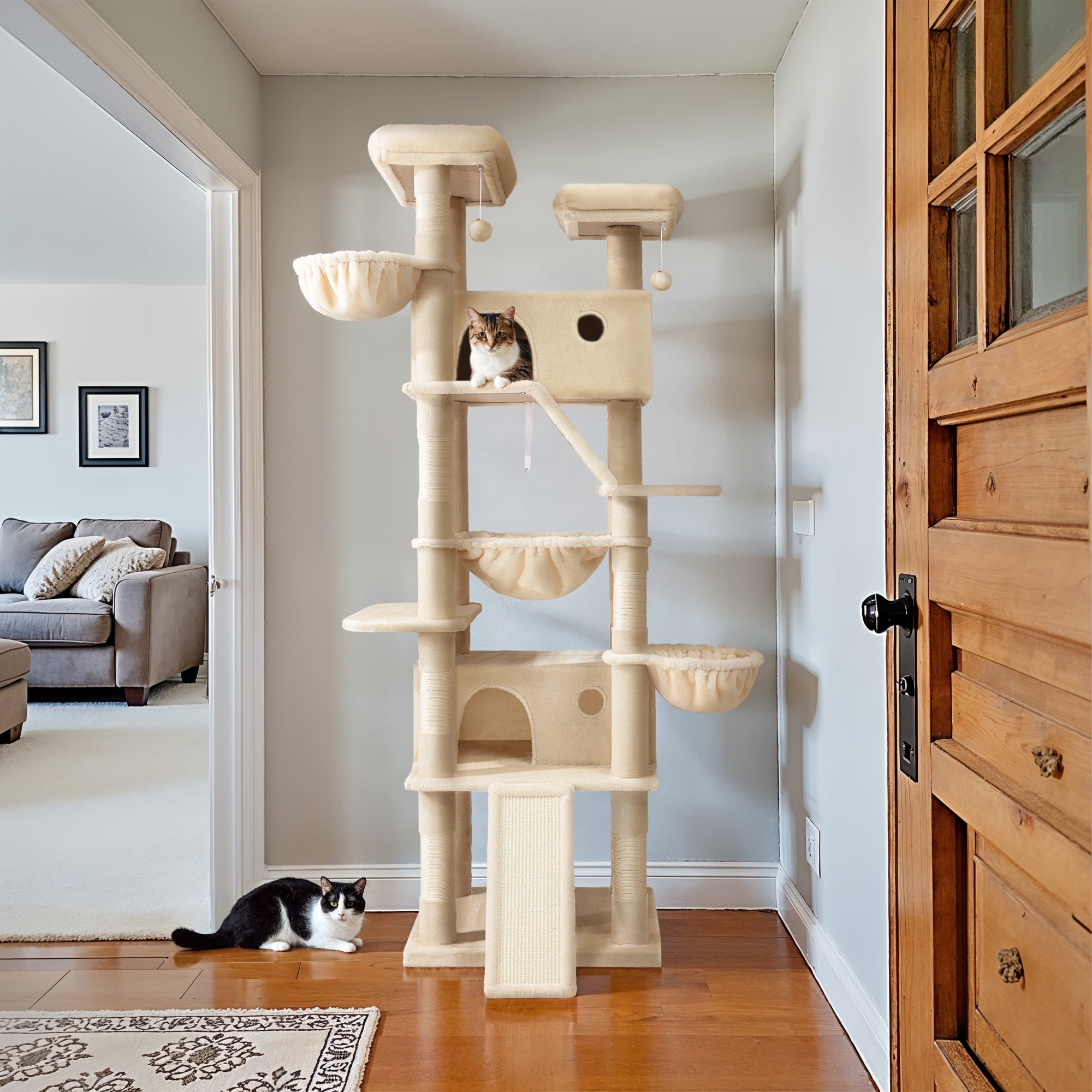 Einfach 81" Multi-Level Tall Cat Tree Tower, Larger Cat Condo with Hammock, Cozy Pussycat Perches, Sisal Scratching Posts, Beige