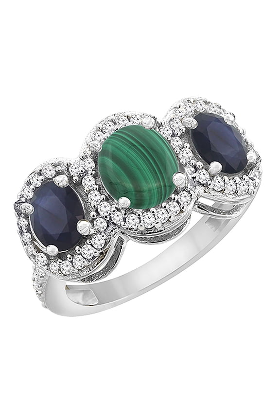 14K White Gold Natural Malachite & HQ Blue Sapphire 3-Stone Ring Oval Diamond Accent, size 6