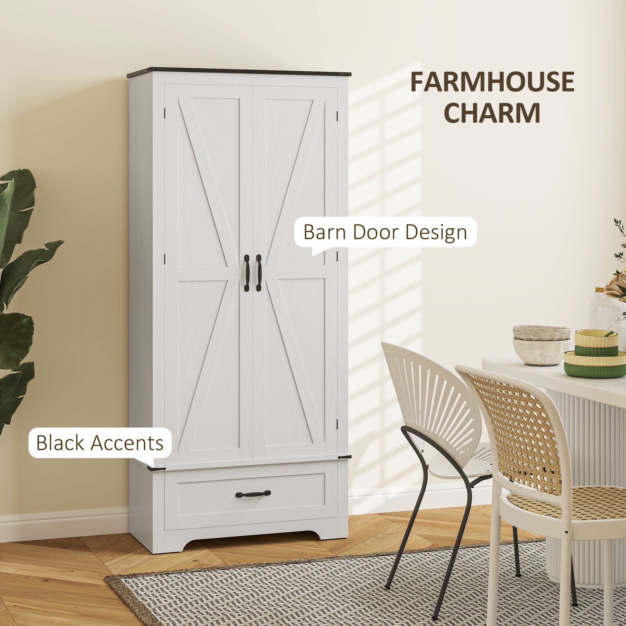 HOMCOM Farmhouse Pantry Cabinet, Kitchen Pantry Cabinet, Distressed White