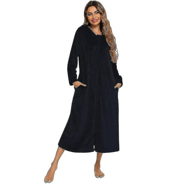Women's Zip Up Plush Fleece Robe Hooded Warm Long Bathrobe Dressing Gown  Winter Cozy Zipper Lounger Sleepwear Housecoat Loungewear Nightgown 