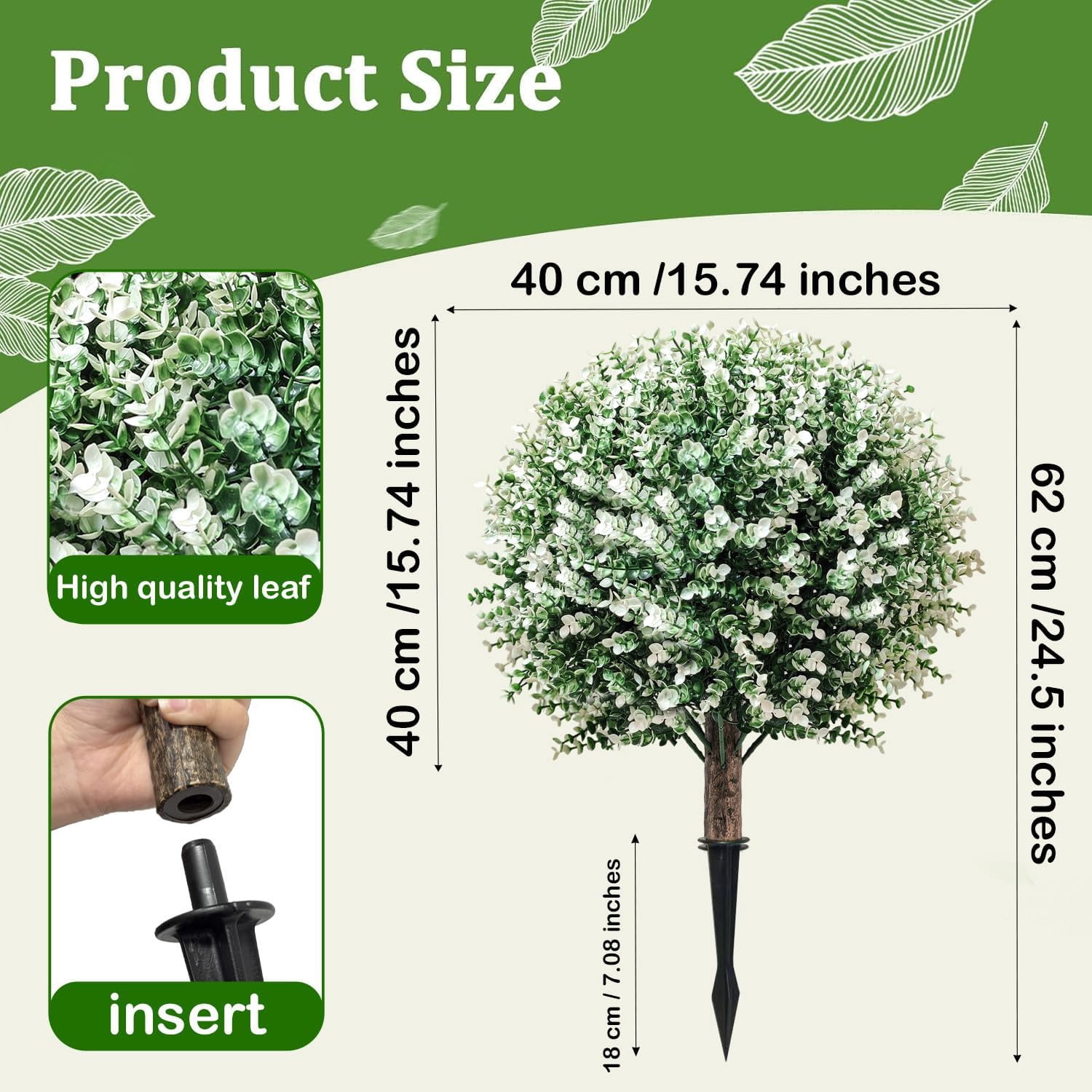 Artificial Boxwood Topiary Ball Trees, 2 Pack 24.5" Faux Plants, Bushes Shrubs Outdoor with Spike, UV-Resistant Fake Greenery for Planters, Porch, Garden, Home Office, Spring Decor – White