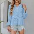 thumbnail image 4 of MIXUE Boho Tops For Women Summer Solid Color V Neck Long Sleeve Lace Hollow Out Blouse Cardigan T Shirts Sportswear,Blue,M, 4 of 5