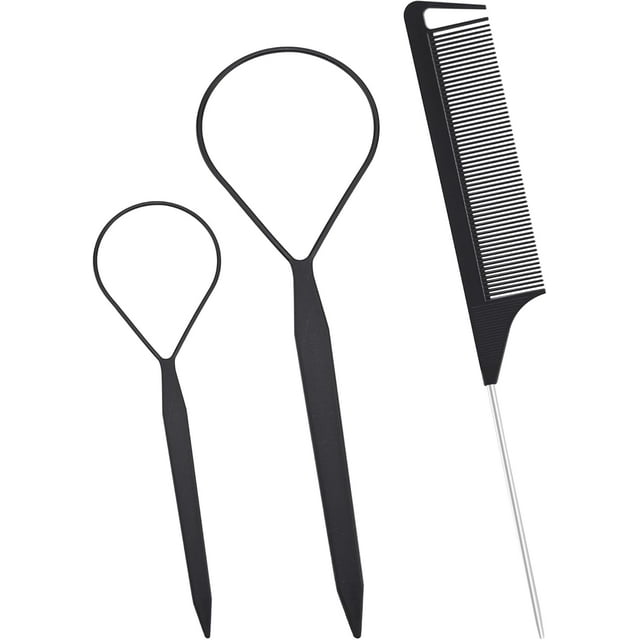 3 PCS Hair Styling Tool Set Topsy Tail Hair Tools with 2 PCS Hair Braid Tools and 1 PCS Tail Comb (Black)