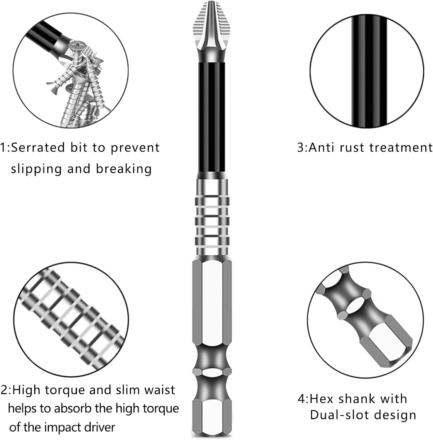 MKEUDQ-PH2 Phillips Bits Set High Magnetic Cross Head Drill Bit Phillips Screwdriver Drill Bit Set Anti-Slip Alloy Steel 1/4 Hex Shank Impact Bits 6 Pack