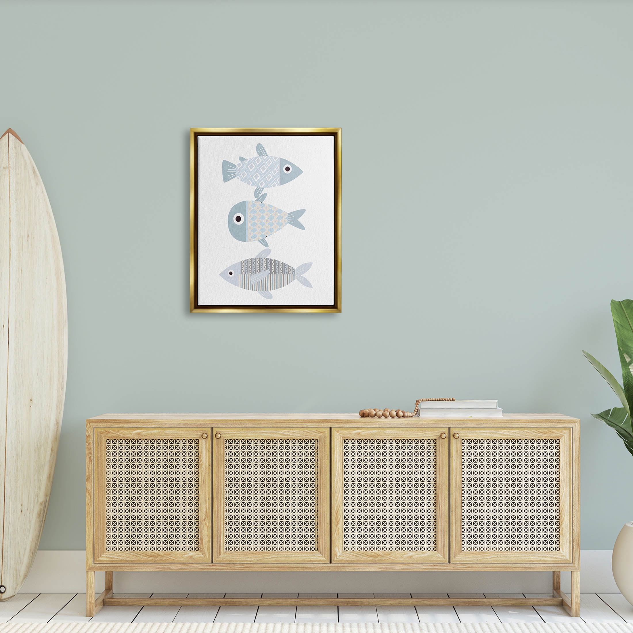 Stupell Industries Three Whimsical Patterned Fish Sea Life Graphic Art Metallic Gold Floating Framed Canvas Print Wall Art, Design by Kim Allen