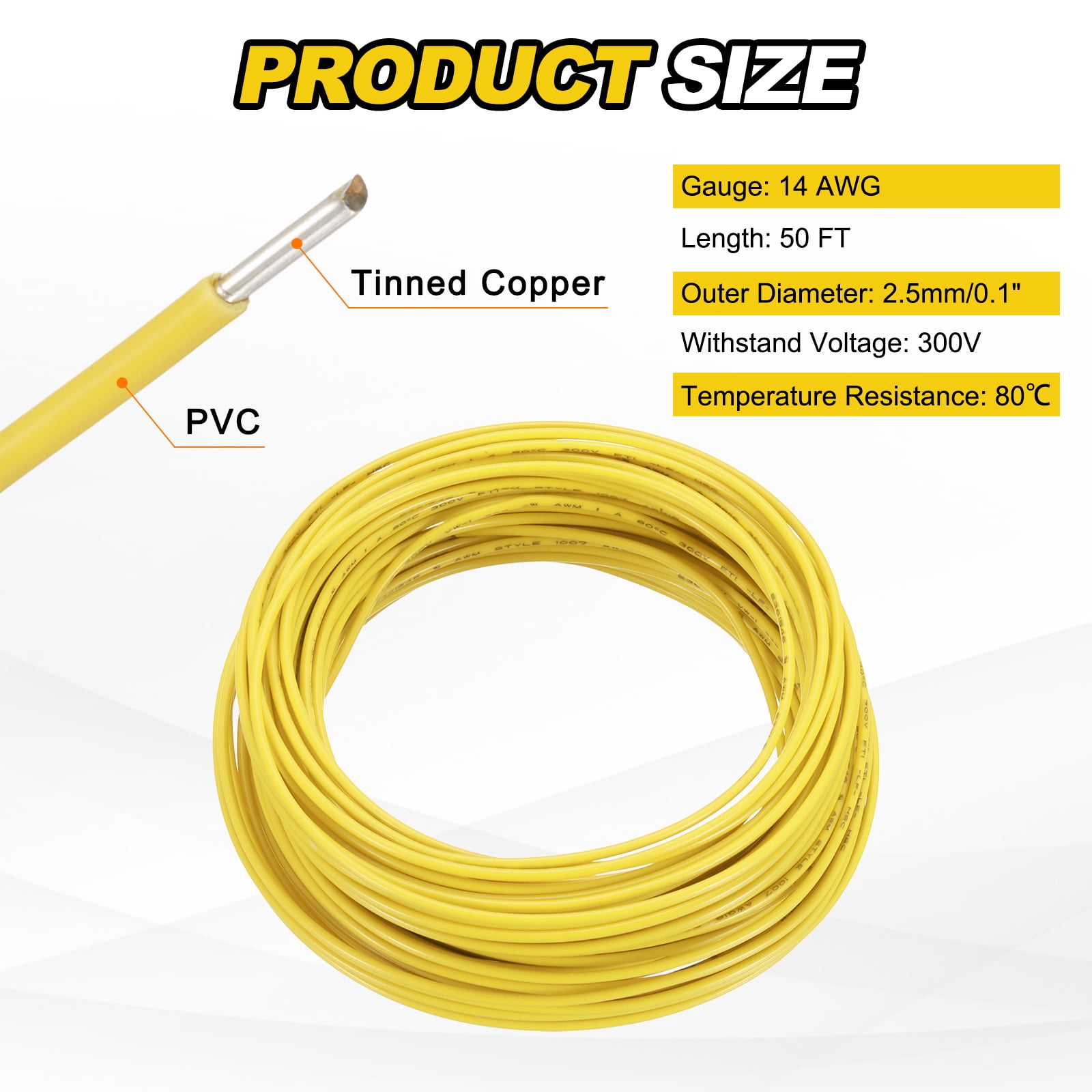 Uxcell 14 Gauge Hook Up Wire 50FT 300V Tinned Copper Electrical Wire, Yellow