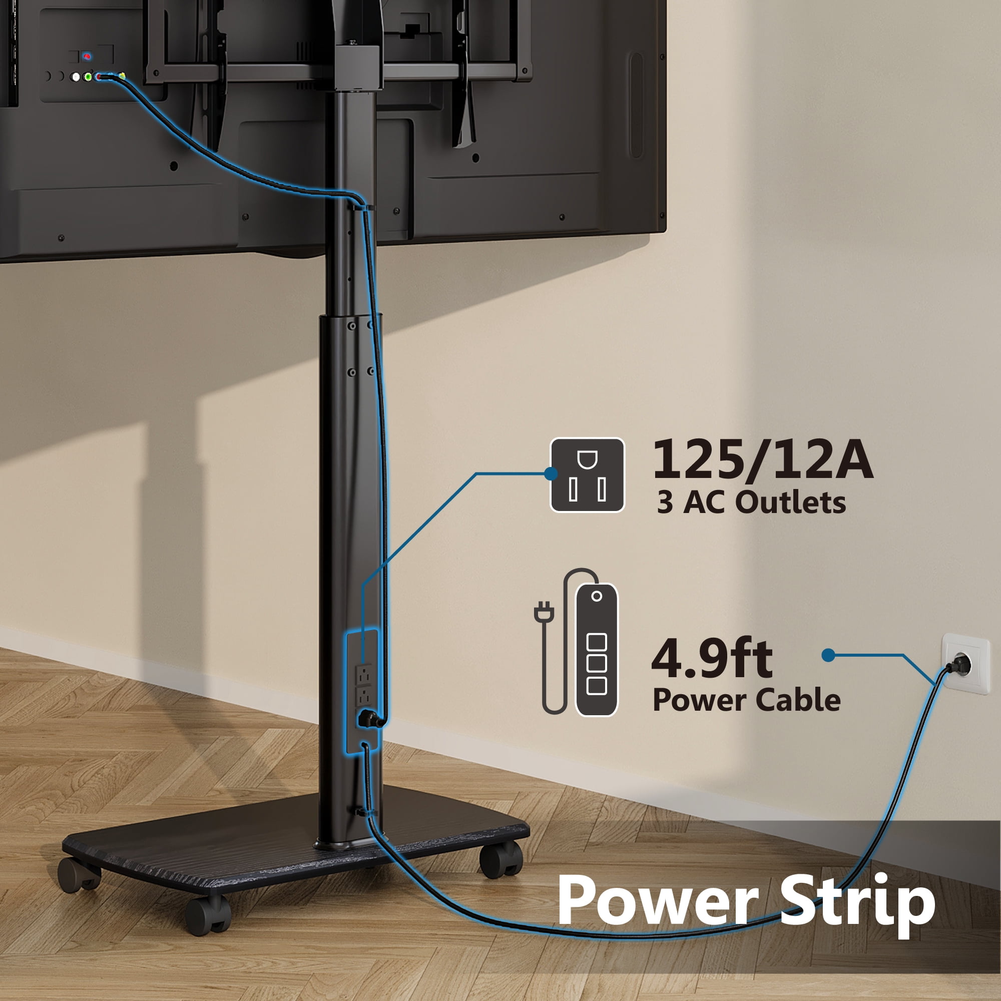 FITUEYES Modern Rolling TV Stand with Wheels and Power Outlets for 32-65 inch Screens, Black