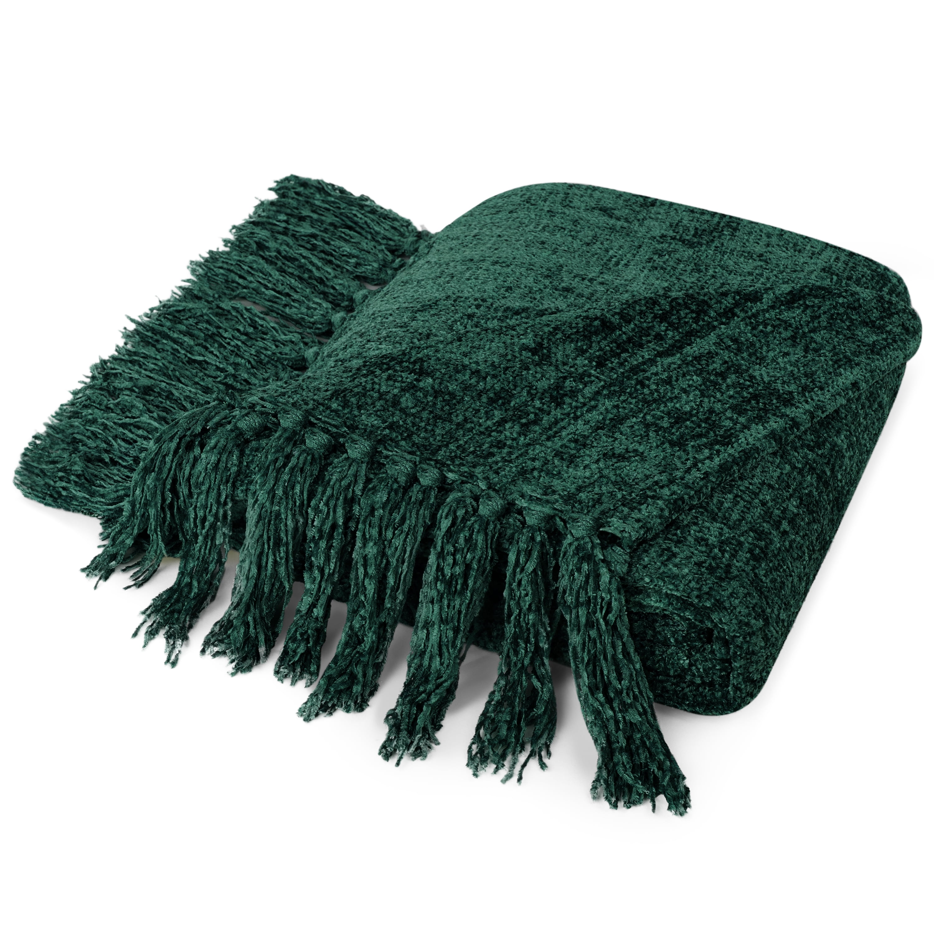 PAVILIA Emerald Green Chenille Throw Blanket for Couch, Soft Forest Green Knit Blanket with Tassel Fringe, Woven Chenille Knitted Decorative Blanket for Sofa Bed Living Room, Decor Gift, 50x60