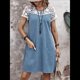 thumbnail image 4 of Vestido de Verano de Encaje con Retazos para Mujer, con Bolsillo, Informal, Abotonado, de Corta Azul M, 4 of 7