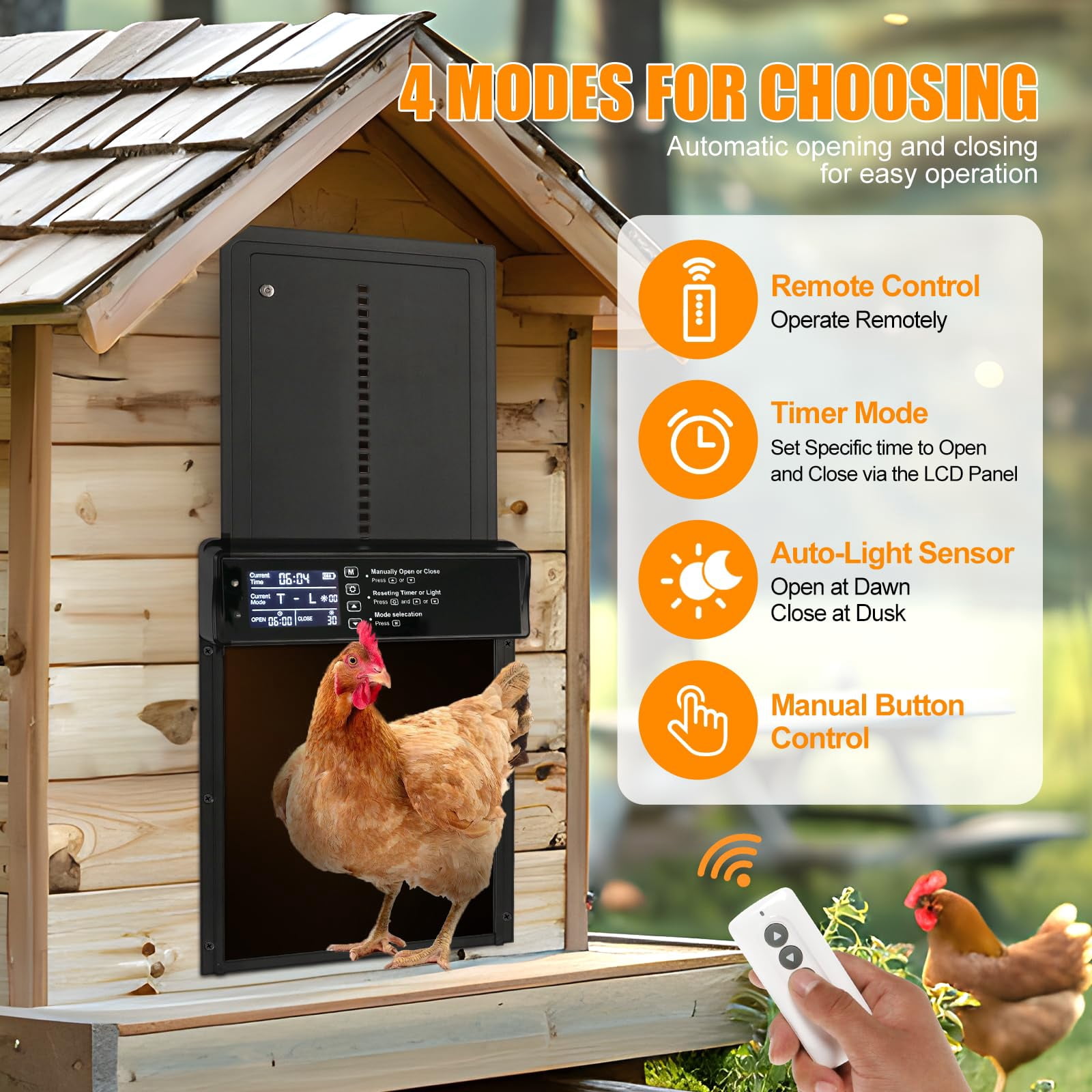 Automatic Chicken Coop Door Solar Powered, LCD Display Automatic Chicken Door with Timer & Light Sensor, Aluminum Alloy Chicken Door with Remote Control & 4 Modes Automatic Chicken Door Solar