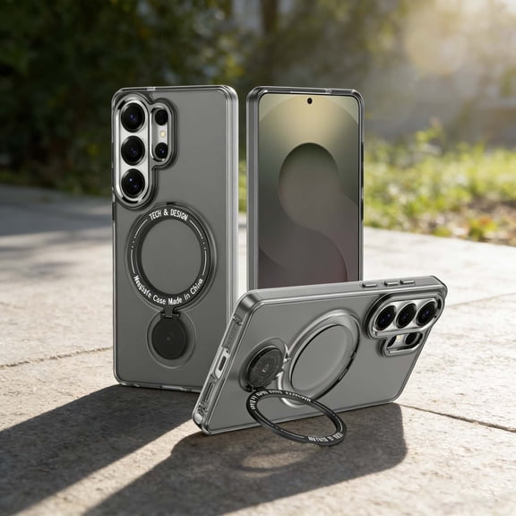 For Samsung Galaxy S21  Phone Case,With 360° Rotatable Ring Kickstand,Compatible With Mag-Safe,Matte Anti-fingerprinting Translucent Shockproof Anti-fall Drop Protection,Thin Phone Case,Black