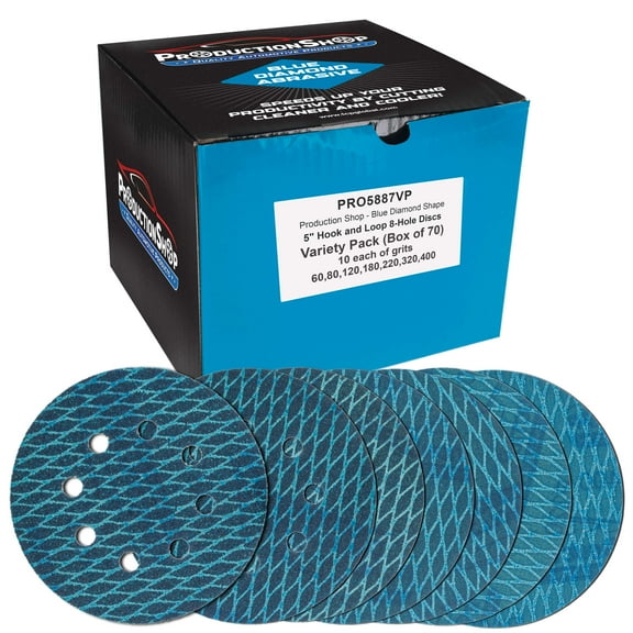 ProductionShop Premium 5" Rhombus Diamond Shape Blue Sanding Discs, 8-Hole, 70 Disc Variety Pack, Grits 60, 80, 120, 150, 180, 220, 320, 400 - Hook & Loop Sandpaper, Random Orbital Sanders
