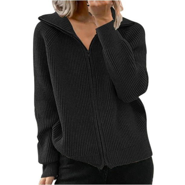 ICHUANYI Clearance Women's New Autumn/winter Striped Thread Casual Coat Loose Knit Zipper Cardigan Long Sleeve Lapel Cardigan Tops(Black, XL) ICHUANYI WER2023081401247