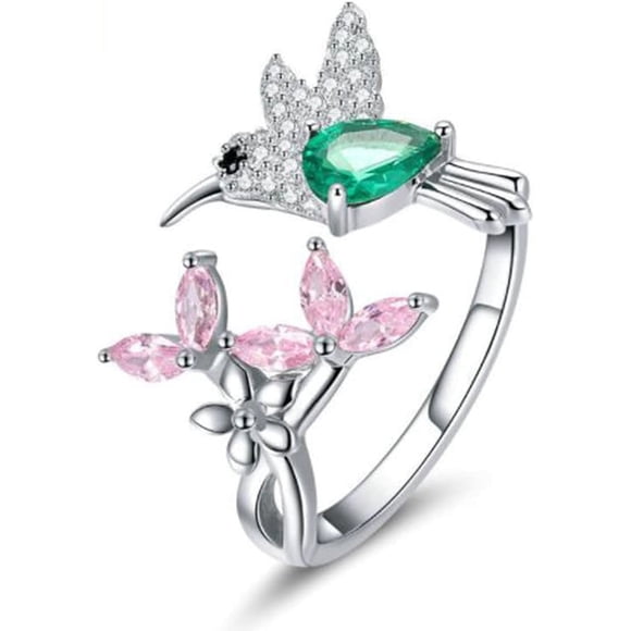 LAICAIW Hummingbird S925 Sterling Silver Women Rings with Crystals from Swarovski Open Adjustable Ring Bird Tree Leaves Open Finger Rings Jewellry Christmas Gift for Mother's Day