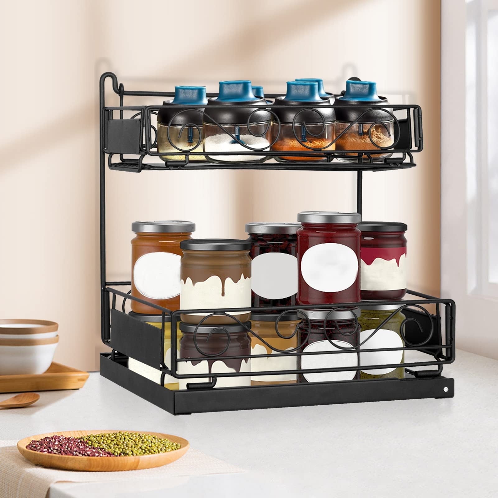 SPECILITE Bathroom Metal Under Sink Organizer, Kitchen Pull Out Counter Sliding Drawer Shelf, Black
