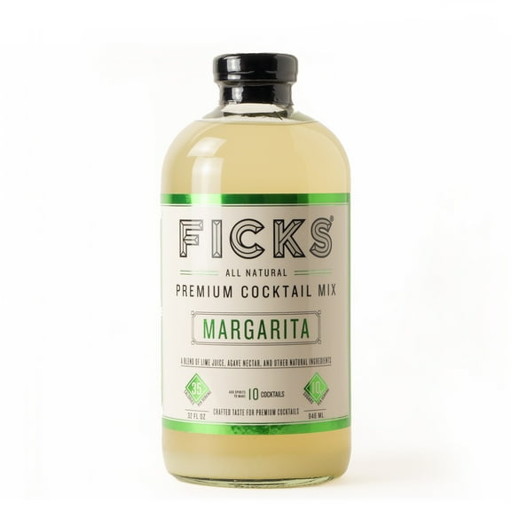 Ficks Margarita Cocktail Mix - All Natural, Only 10g Sugar per Serving - Made with Lime Juice and Agave Nectar - 32oz Liquid Glass Bottles. Add tequila for 10 cocktails.