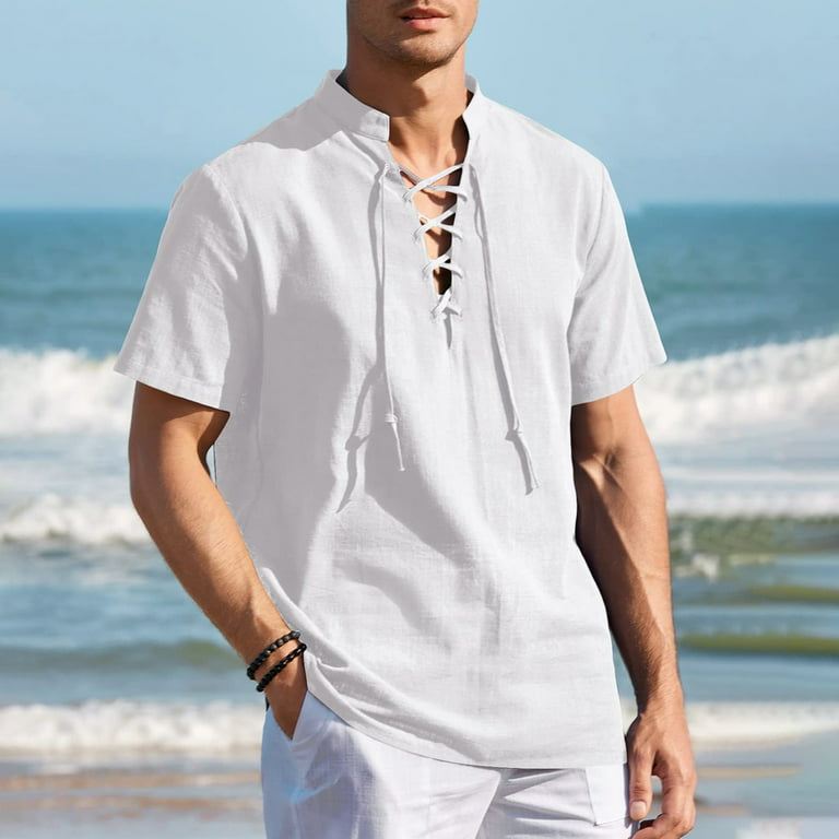 SHUDAGENG Mens Cotton Linen Shirts Casual Beach Hippie Shirt Short Sleeve V  Neck Yoga Tops White XL