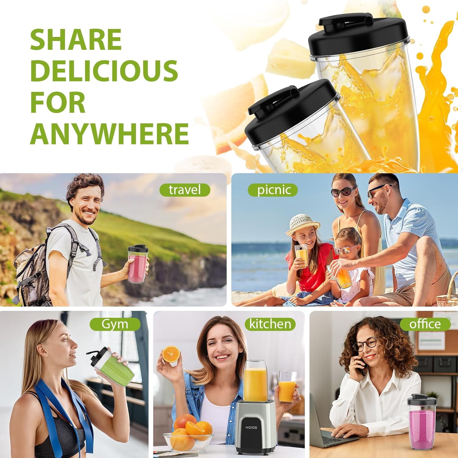 Portable Blender for Shakes and Smoothies, 6 Blades Personal Blender for Kitchen, Smoothie Blender and Grinder with 2 Blades, 18.6Oz & 10Oz Blender Cups, Countertop Blender for Fruits Protein Drink