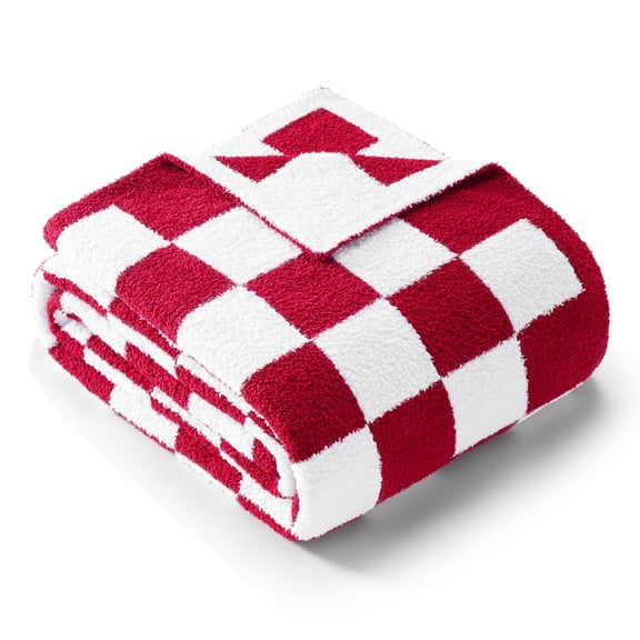 Exclusivo Mezcla Checkered Knit Blanket for Bed Twin Size, Ultra Soft Cozy Fluffy Blanket, Lightweight Fuzzy Throw for Couch and Bed, Red, 60"x80"