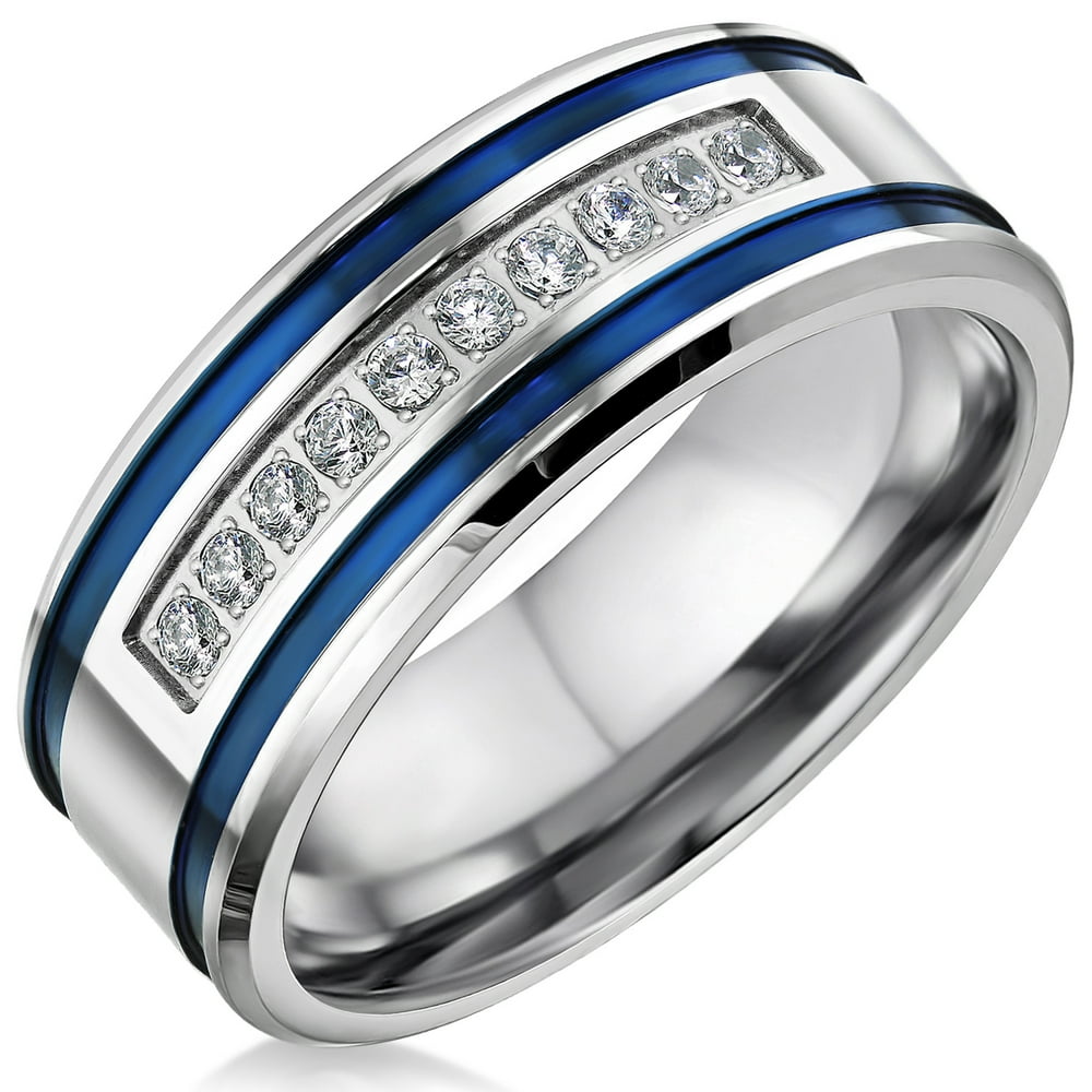 Bellux Style Mens Wedding Bands Stainless Steel CZ 8mm Blue Stripes