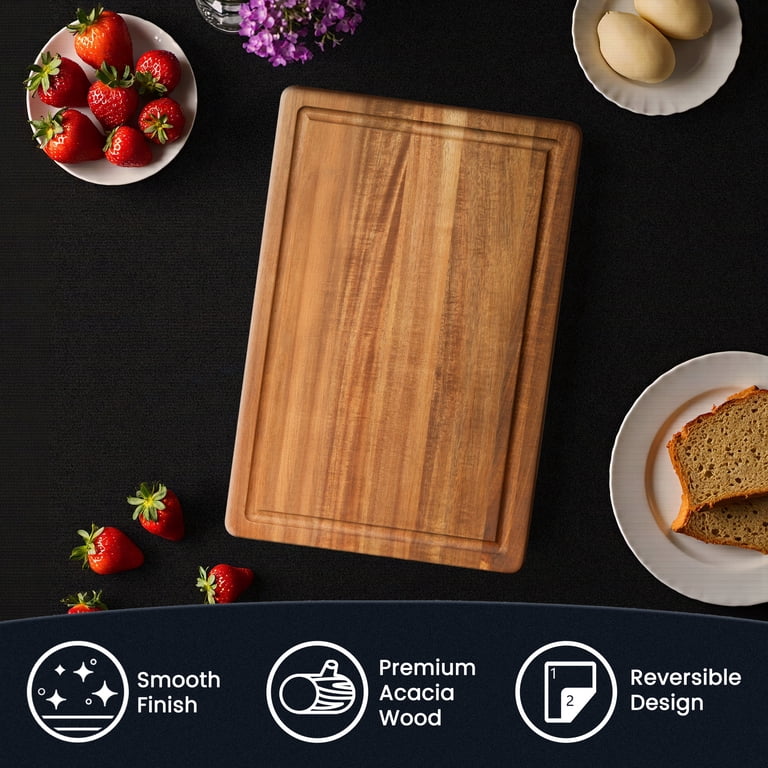 Acacia Wood Cutting Board Set Of 3 With Holder - Wooden Chopping Boards With Juice Grooves For Meat, Vegetables, Fruits