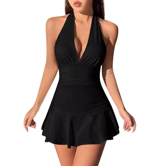 Women's Halter V-Neck Backless Mini Dress Ruffle Hem Fit and Flare Casual Party Graduation Dress