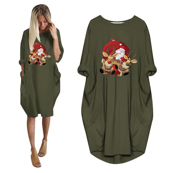 BLTIBY Christmas Sweatshirt Dress for Women Oversized Xmas Printed Winter Fall Round Neck Dresses Fashion Casual Long Sleeve Fashion Pullover Outfits with Pockets 2024 Trendy Army Green L