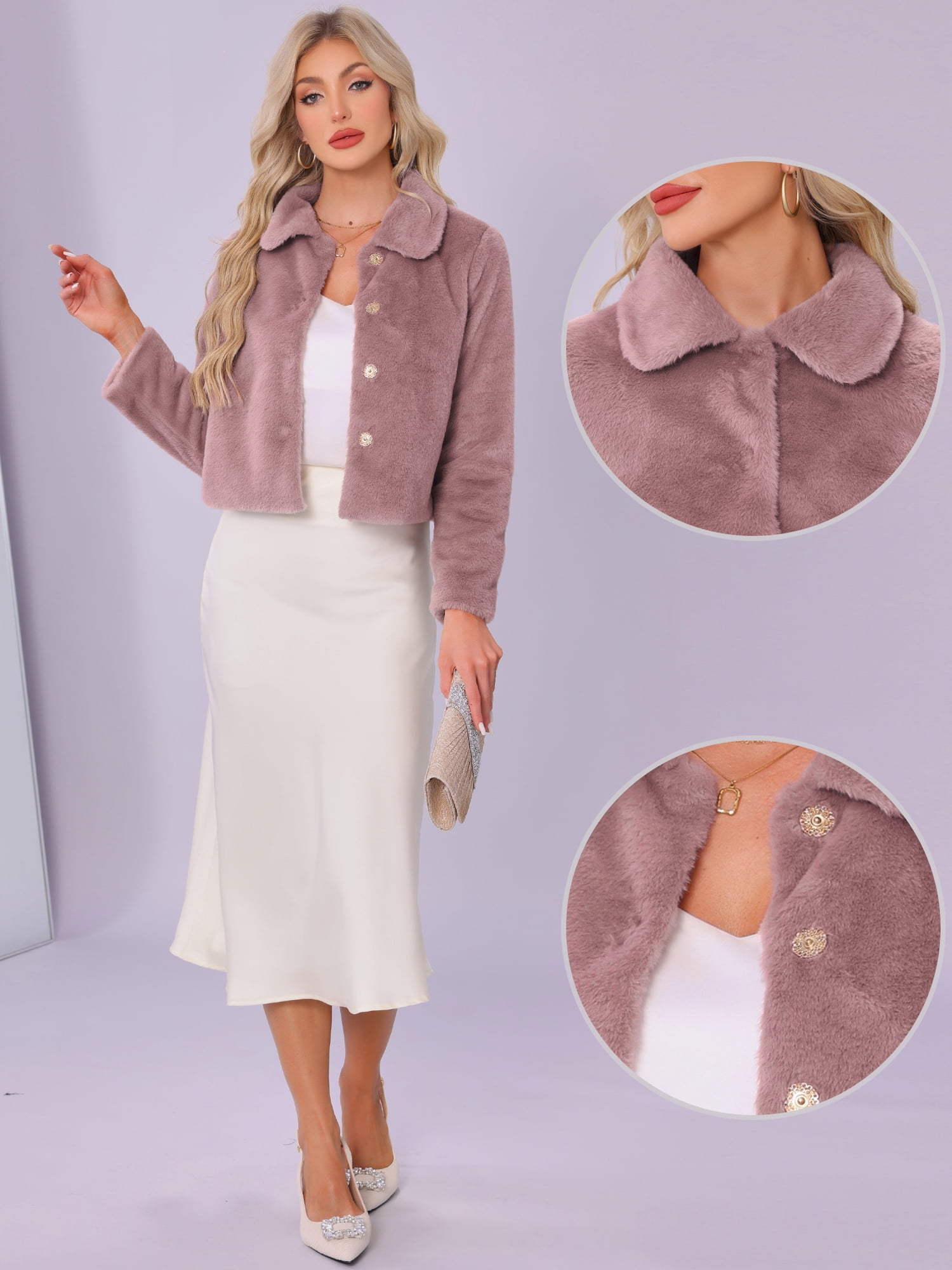 DARING DIVA Women's Dressy Faux Fur Cropped Snap Button Fluffy Jacket M Dusty Rose Pink