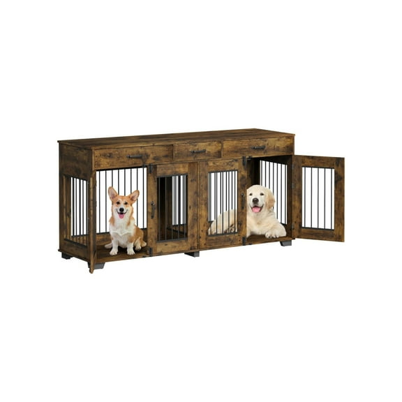 Home Double Pet Dog Crate Furniture, 71'' Large Dog Kennel Indoor with 3 Storage Drawers and Removable Divider for 2 Dogs, Heavy Duty Decorative Dog House TV Stand Side Table for Medium Large Dogs