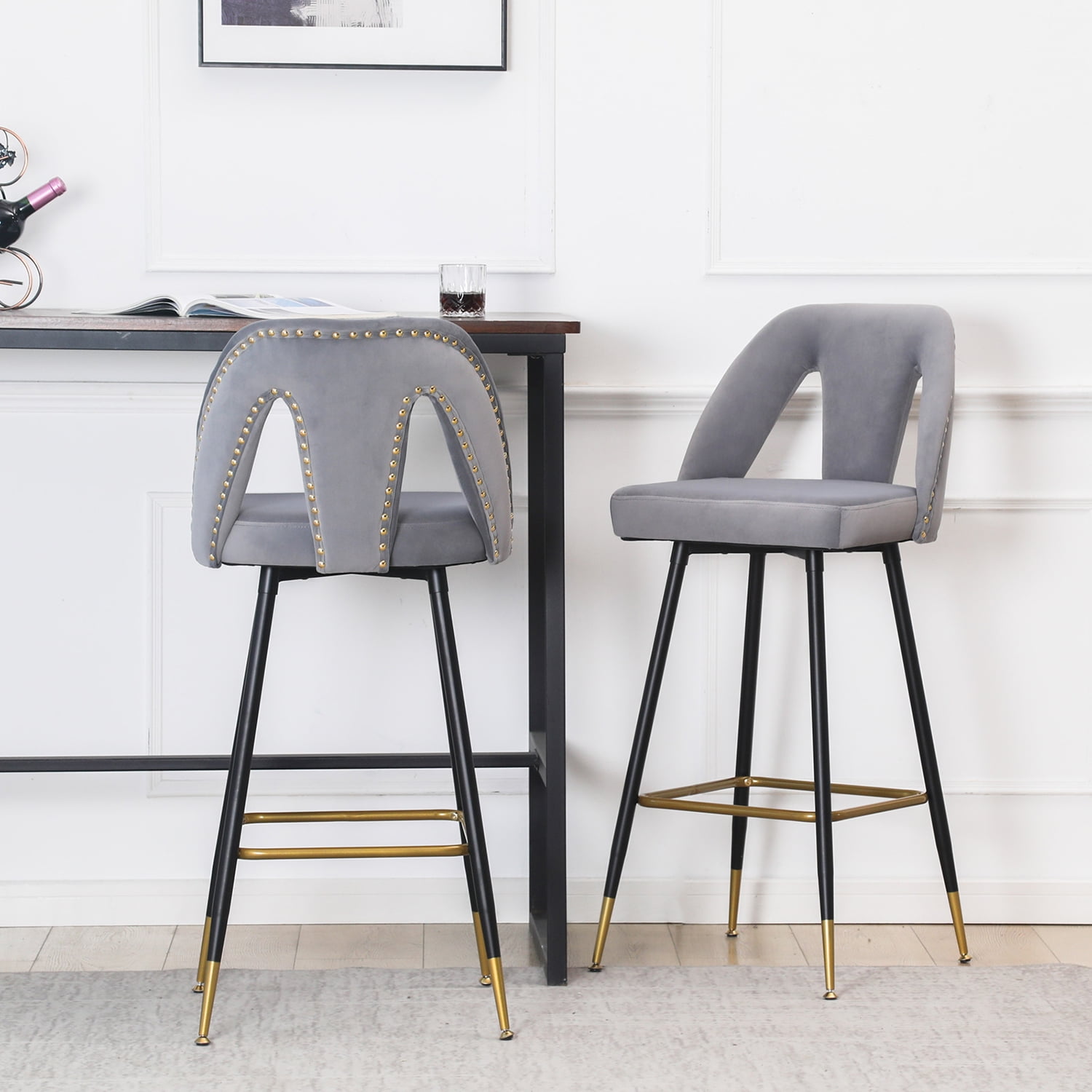 2x Grey Fabric Barstools Metal Leg Breakfast Pub Chair Kitchen Bar Furniture 