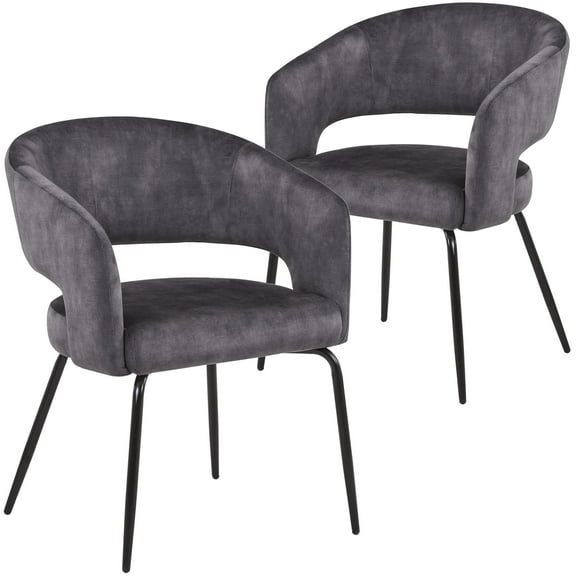 LeisureMod Dining Chair Upholstered in Velvet with Open Curved Backrest and Powder-Coated Iron Legs for Modern Home, Kitchen, Offices Gavin Collection in Charcoal Velvet Set of 2