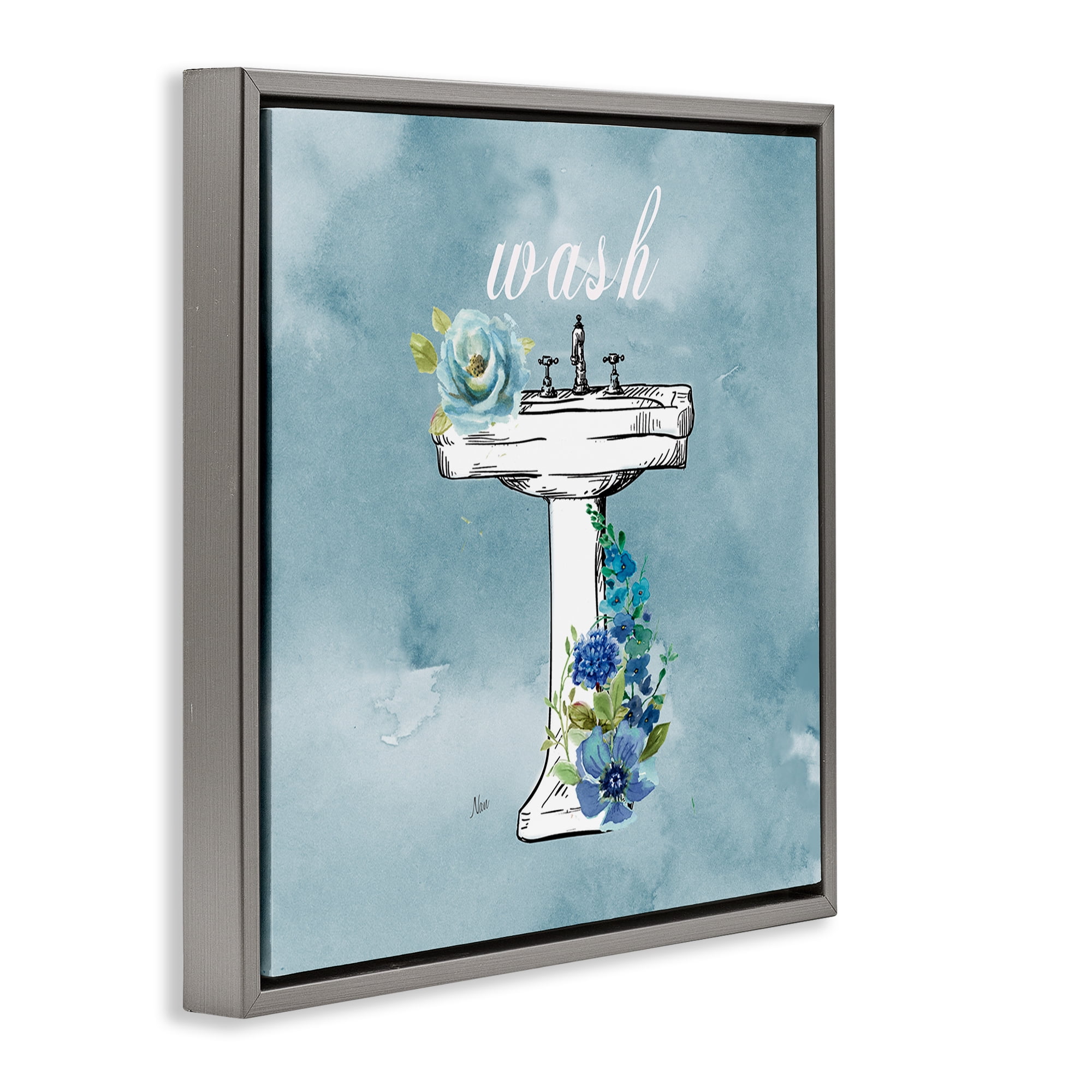 Stupell Industries Floral Bathroom Rules Wash Gray Framed Floater Canvas Wall Art, design by Nan