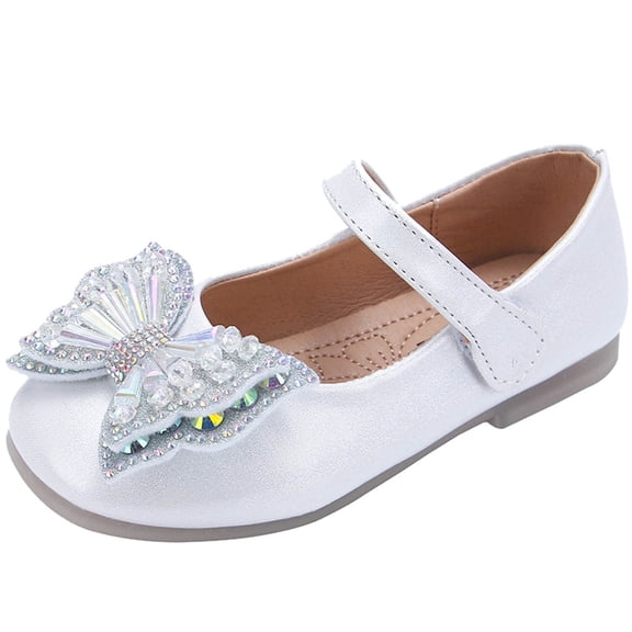 LNMQLPDBS Toddler Girls Shoes Solid Color Flat Sandals with Students Dance Performance Shoes Sequin Bowknot Decoration Flat Princess Shoes Flower Girl Shoes for Party and Daily White 6-7 Years